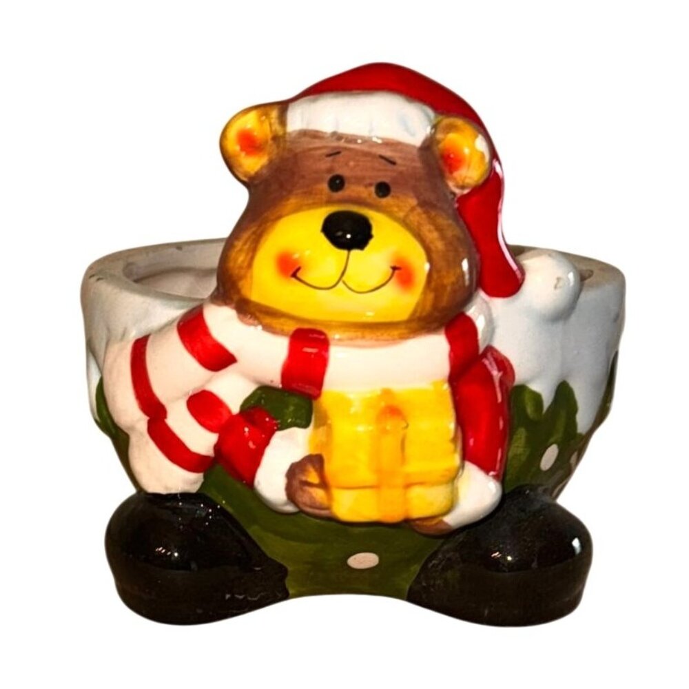 Christmas Bear Ceramic Candle Holder Snowy Green & Red Design 3" Tall Decorative